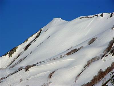 澄み切った空の下純白の小蓮華山(2768.9m) 撮影場所:栂池の山荘前 撮影日時:2015/04/12 Highslide JS