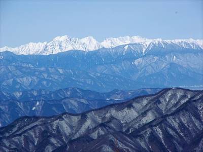 純白の奥穂高(3190m)・前穂高(3090m)・北穂高岳(3106m)・槍ヶ岳(3180m)と蝶ヶ岳(2677m) 撮影場所:入笠山頂上 撮影日時:2015/01/29 Highslide JS