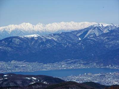 鹿島槍ヶ岳(2889m)・五竜岳(2814m)・白馬岳(2932m) 撮影場所:入笠山頂上 撮影日時:2015/01/29 Highslide JS